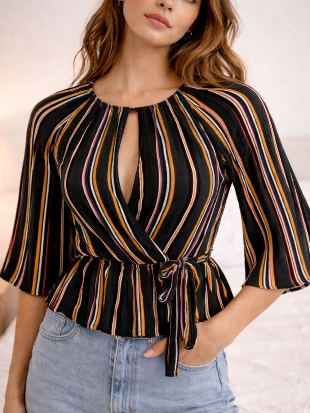 Forever 21 Striped Blouse | Tie Waist | Flowy Sleeve Top